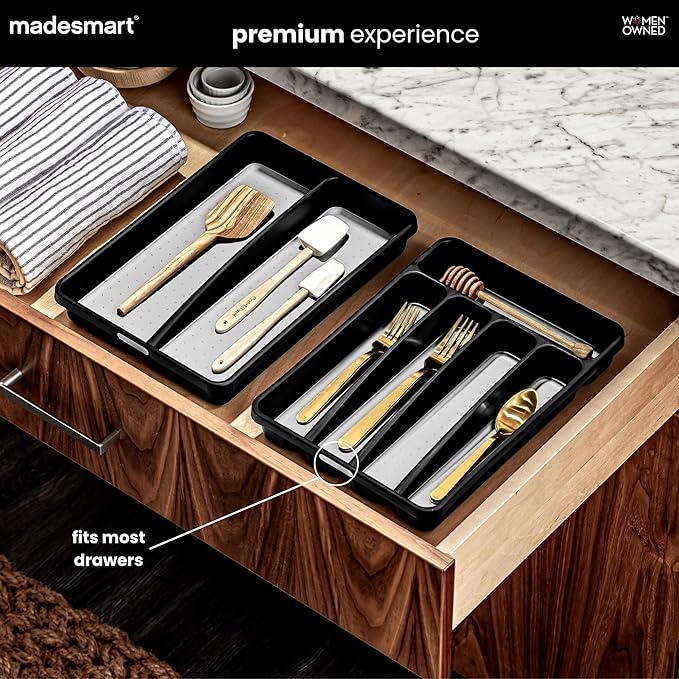 madesmart Premium Small Silverware Tray, Compact 5 Compartment Flatware Organizer for Forks, Knives & Spoons, Non Slip, Soft Grip Lining, Fits Small Drawers, Carbon