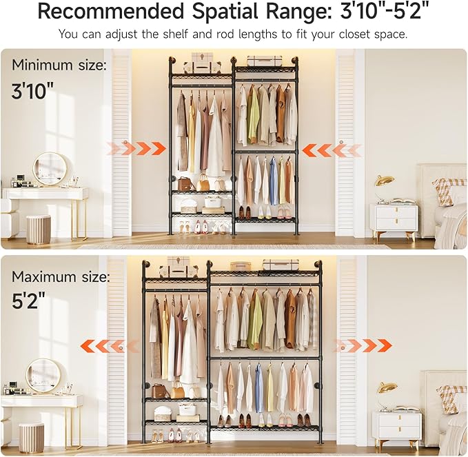 ONBRILL H2 Plus Expandable Wall Mounted Closet System, 3.8FT-5.1FT Closet Organizer with Telescopic Shelves & Adjustable Rods, Industrial Pipe Clothing Rack for Walk-in & Reach-in Closet (Black)
