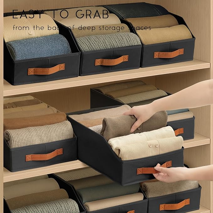 Homsorout Fabric Storage Bins for Organizing - 8 Pack Large Trapezoid Collapsible Storage Bins with Front Handle, Closet Organizers and Storage for Bedroom, Home Shelves, Small Spaces, Black