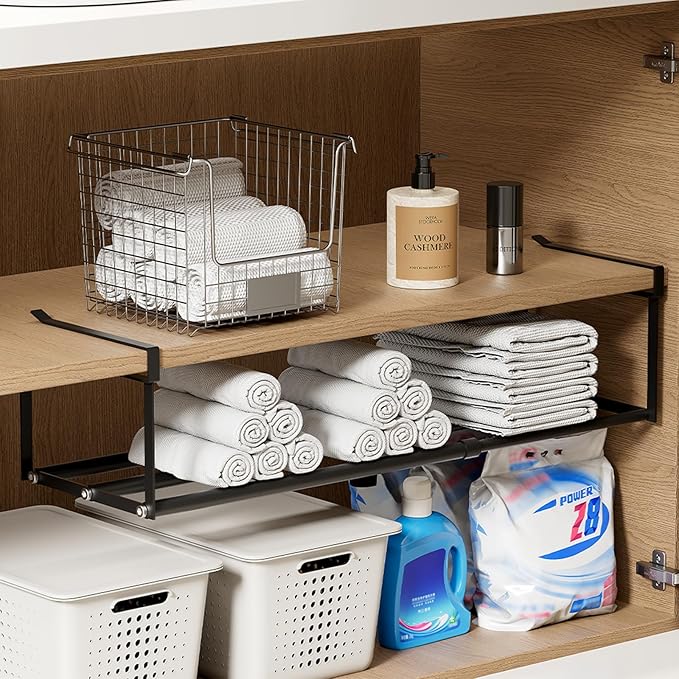 Expandable Hanging Shoe Rack Organizer for Closet, Adjustable Shoe Rack Under Cabinet Shelf, Versatile Under Shelf Storage for Kitchen, Book, Clothing Storage and Organization(Black,2PCS)