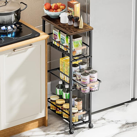 Narrow Rolling Cart with Wheels, 4-Tier Slim Metal Storage Cart with Pull-Out Baskets, 7.87 Inch Width Small Laundry Room Organizer Cart, Space-Saving for Kitchen, Bathroom
