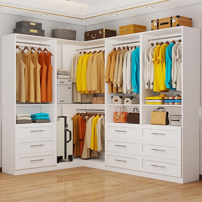 Closet System with 9 Drawers, Corner Closet Organizer System with 9 Hanging Rods Walk in Wooden Modular Closet Storage System L-Shaped 4 Sets, 2800+ Lbs Capacity White