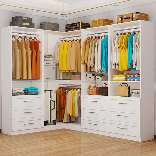 Closet System with 9 Drawers, Corner Closet Organizer System with 9 Hanging Rods Walk in Wooden Modular Closet Storage System L-Shaped 4 Sets, 2800+ Lbs Capacity White
