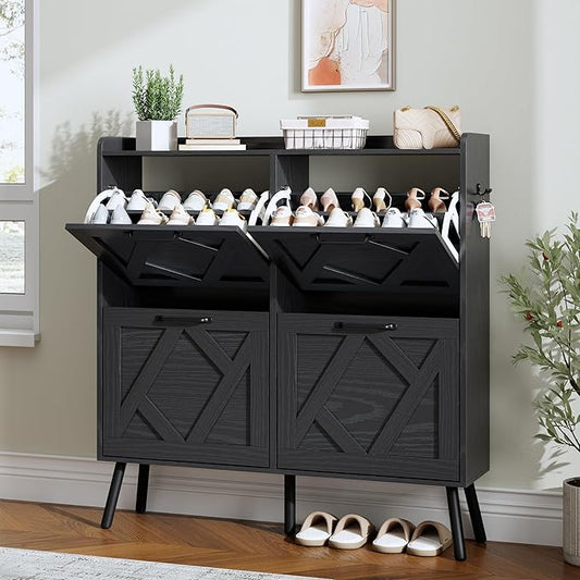 Nicetree Shoe Cabinet with 4 Flip Drawers, Hidden Shoe Rack Cabinet with Metal Legs, Farmhouse Narrow Shoe Storage Cabinet for Entryway, Foyer, Hallway, Black with Hook