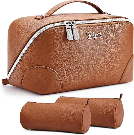 BOYATU Travel Makeup Bag Cosmetic Bags for Women: 3 Pcs Set Large Capacity Make up Bag with Handle - Waterproof Vegan Leather Toiletry Bags Travel Essentials with Compartments(C-1-Brown)