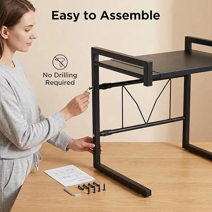 PUSDON Adjustable Carbon Steel Microwave Oven Rack, 2-Tier with 3 Hooks, 55lbs Weight Capacity, Black