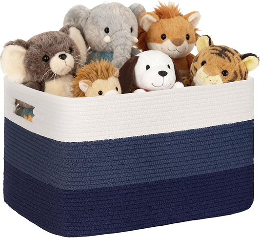 60L Laundry Basket with Leather Handles for Living Room Storage, Woven Rope Baskets Bin for Blanket, Kids Toy, Gifts, Wicker Hamper for Bedroom Dirty Clothes,Gradient Blue