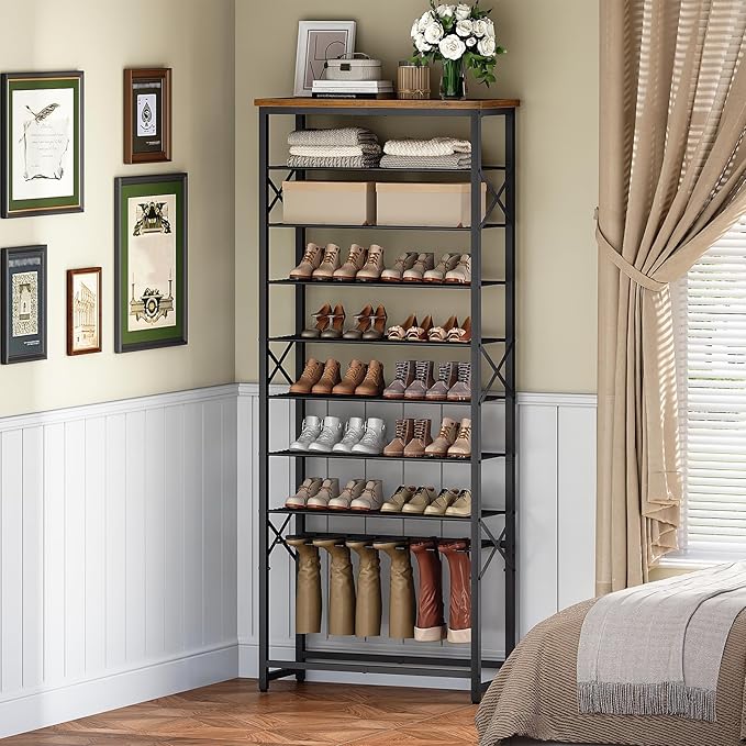 YATINEY Tall Shoe Rack for Entryway, Metal Shoe Storage Organizer with Boot Rack, 10 Tier Sturdy Shoe Rack for Closet, Space Saving Wooden Shoe Shelf, Black and Rustic Brown SS19BR