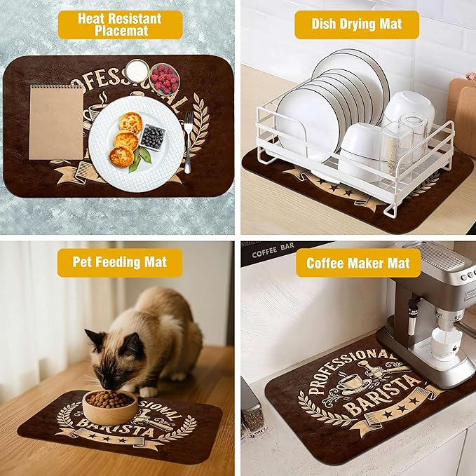 Vintage Coffee Drying Mat 12" x 19", Non-Slip Absorbent Quick-Dry Mat, Rustic Coffee Bar Decor and Countertop Protector