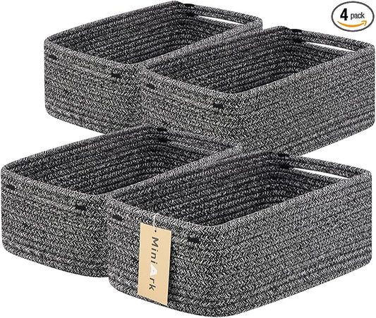 MiniArk Small Storage Baskets for Organizing | Closet Organizer Bins | Shelf Toy Basket | Woven Rope Baskets | Cube Decorative Box | Shallow Basket | 13x8.5x5.1” | 4 Packs Dark Gray