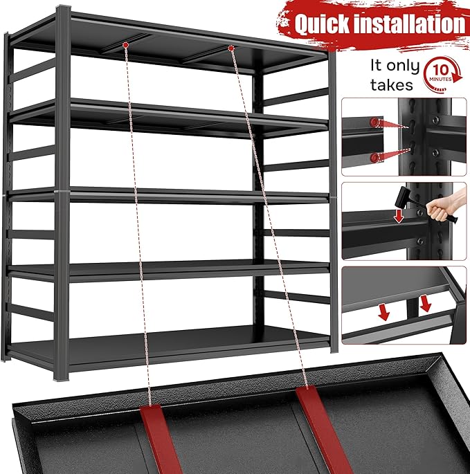 48''W/87''H Storage Shelves Heavy Duty Adjustable Metal Garage Shelving Unit Rack Metal Storage Shelf Heavy Duty Shelf for Heavy Tools and Equipment, Ideal for Garage, Basement, Black