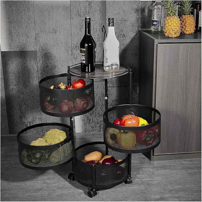 HOYRR Rotating Storage Rack for Kitchen, 4 Tier Fruit and Vegetable Storage for Kitchen Rotating Storages Rack with Wheels, Cart Space Saver Potatoes Fruit Basket, Black