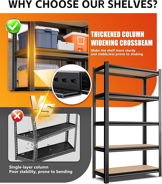 AOARGG Set of 2 Heavy Duty Garage Shelving 5T Storage Shelves, Metal Adjustable Shelving Unit, Utility Garage Organizer Shelf for Basement, Pantry, Kitchen, Warehouse, 19.7" Dx45.6 Wx77.9 H, Black