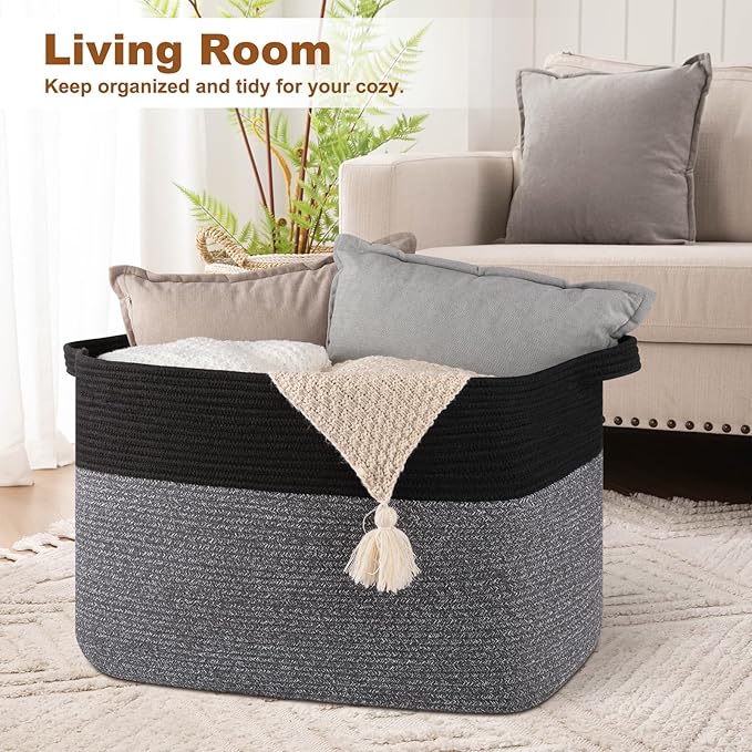 OIASKET XXXL Supre Large Blanket Basket for Clothes, Towels, Pillows, 108L Cotton Rope Storage Basket for Living Room, Supre Large Woven Toy Storage for Kids, 25" x 16" x 16", Black