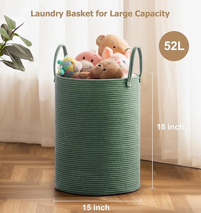 Laundry Basket, 52L Woven Laundry Hamper, Baby Nursery Hamper for Toys, Blanket Basket for Living Room, Clothes Hamper for Bedroom&Baby Room, Green