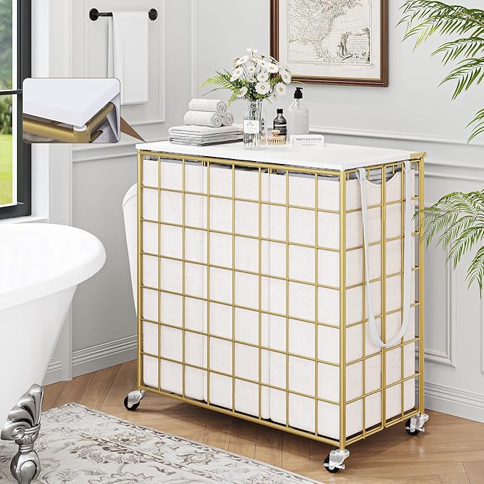 Laundry Basket with Wheels, Heavy Duty Laundry Sorter 3 Sections, 140L (37Gal.) Large Capacity Laundry Hamper with Wood Lid, 360 Rolling Wheels, Extra Side Pocket, Leather Pull Handle, Golden