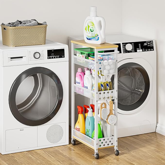 Utility Slim Rolling Storage Cart with Wheels, 4 Tier Narrow Metal Kitchen Cart Bathroom Laundry Room Organization Trolley with Wood Rack and Removable Mesh Basket for Small Space, 7.1IN White