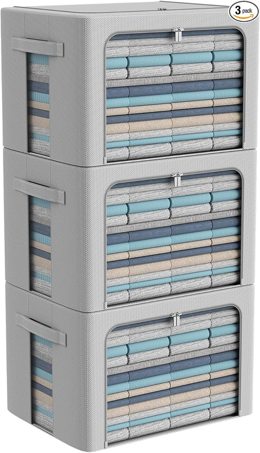 CYhom 3Pack Frame Storage Box - Clothes Storage Bin Bags Oxford Fabric Foldable Stackable Container Organizer Set with Clear Window & Carry Handles Large Capacity (Grey, Large-66L)