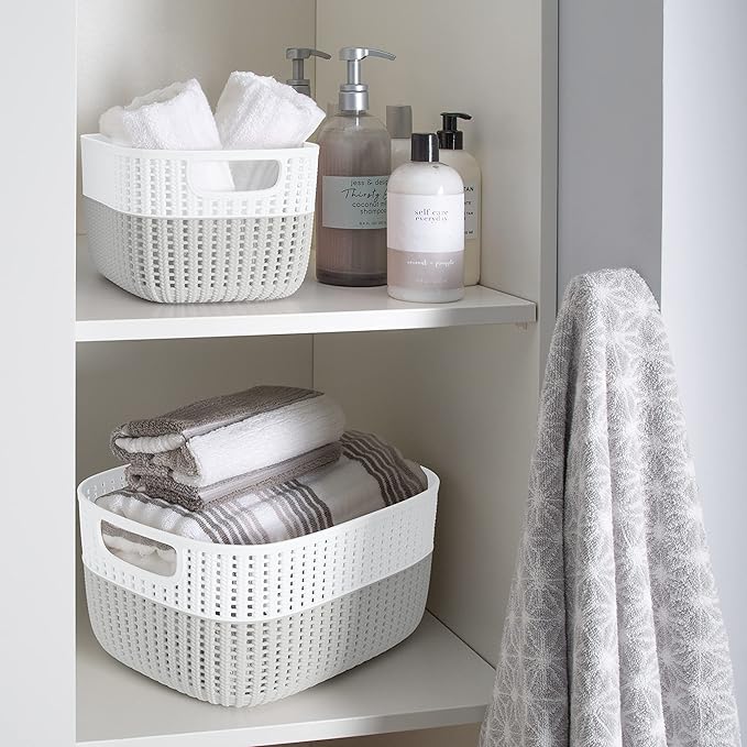 Simplify 4 Pack 2 Tone Sailor Knot Plastic Storage Tote | Decorative Basket | Closet Organization | De-clutter | Accessories | Toys | Bathroom Organization | Medium | Heather Grey