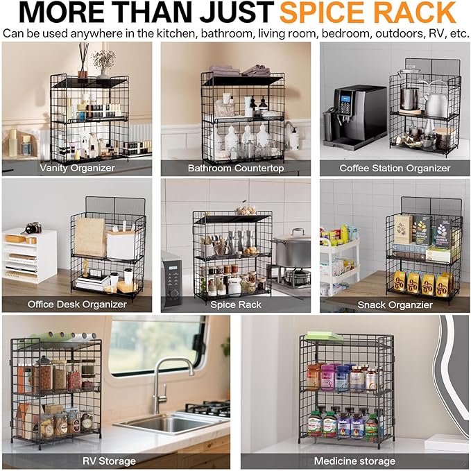 DTUQYX Spice Rack Organizer for Countertop, 3-Tier Large Capacity Foldable Metal Counter Seasoning Storage, Easy to assemble, Shelf with Guardrail and Mesh Design for Bathroom, Kitchen, Cabinet, RVs