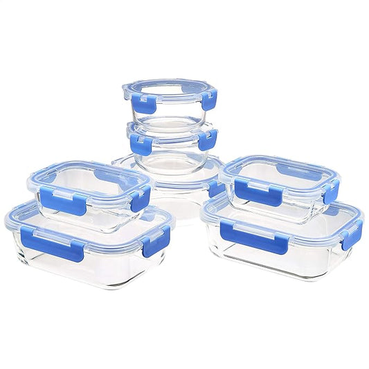Amazon Basics Glass Food Storage Containers, Leak Proof, Oven Safe, Easy to Clean, Stain Resistant, Set of 7, 14 Pieces Including Lids, BPA-Free, Clear with Blue Silicone Ring
