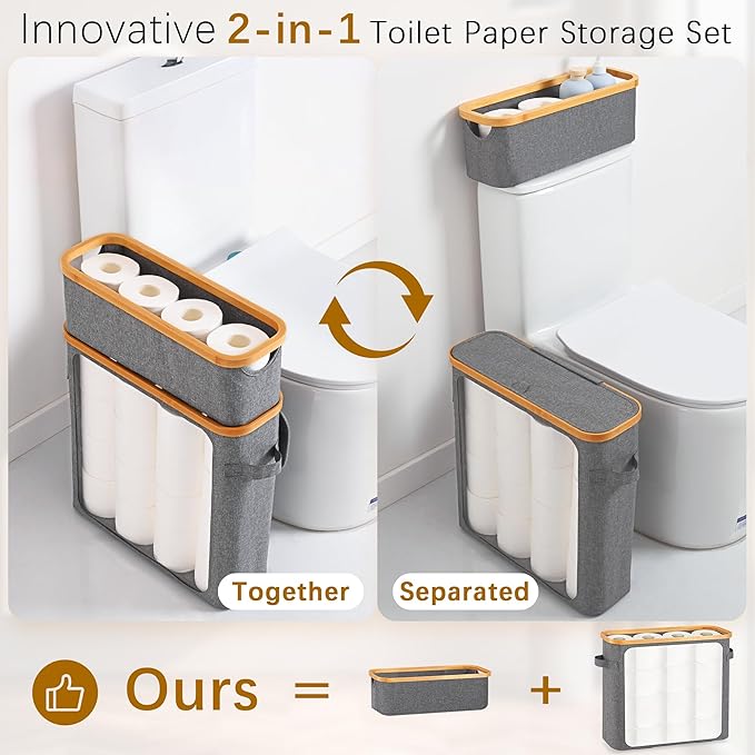 Livole 2-in-1 Toilet Paper Storage with Lid Toilet Paper Basket- 20 Regular Rolls or 15 Mega Rolls Extra Large Toilet Paper Organizer for Bathroom, Grey