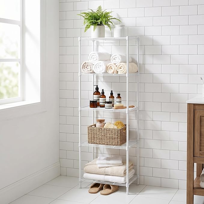5-Tier Metal Storage Shelving Unit, 55" H Compact Wire Rack with Adjustable Leveling Feet, Standing Organizer for Kitchen Pantry Closet Laundry, 13.78" D x 17.72" W x 55.12" H