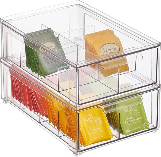 mDesign Plastic Kitchen and Pantry Organizer with Divided Drawer - Stackable Bin with 8 Sections for Tea and Snack Food - Perfect for Organizing Cabinet, Fridge - Lumiere Collection - 2 Pack - Clear