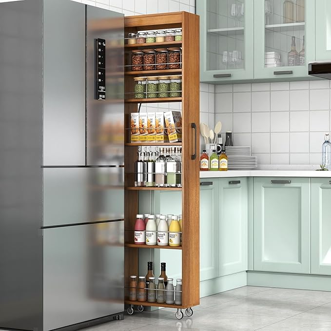 KEIKI 7 Tier Pull-Out Kitchen Pantry Storage Cabinet, Multi-Tier Single-Sided Open Shelf, Spice Rack Next to Fridge, Wood Hutch Food Pantries Cupboard for Coffee Bar, Dining Room, Narrow Spaces
