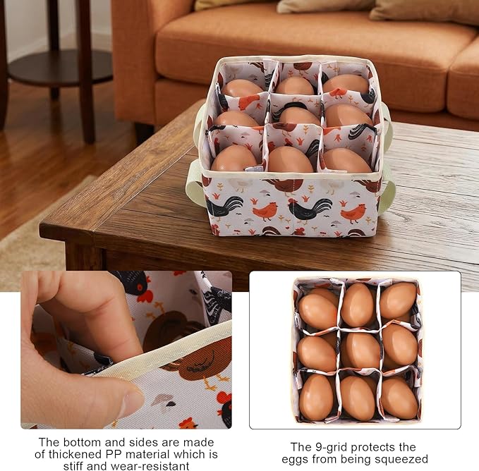Removable Egg Collecting Basket, Egg Basket for Gathering Fresh Eggs with 9 Pouches, Foldable Canvas Egg Holder, Collector Egg for Chicken, Duck, Goose, Collection (Cartoon Chicken)