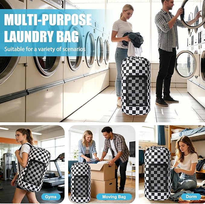 Laundry Bag Backpack, Extra Large Travel Laundry Bag with Mesh Pocket & Adjustable Shoulder Straps,Dirty Clothes Travel Bag for College Students Dorm,Apartment(Positive Square)