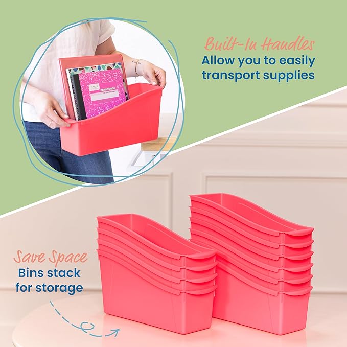 ECR4Kids Linking Plastic Storage Book Bin, Multipurpose Organization, Neon Orange, 10-Piece