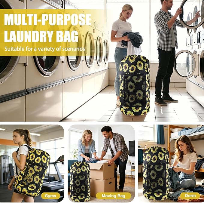 Olosar Laundry Bag Backpack, 2PCS Extra Large Travel Laundry Bag with Mesh Pocket & Adjustable Shoulder Straps,Dirty Clothes Travel Bag for College Students Dorm,Apartment(Sunflower)