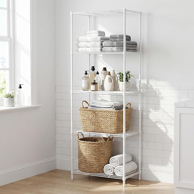 5-Tier Metal Storage Shelving Unit, 55" H Compact Wire Rack with Adjustable Leveling Feet, Standing Organizer for Kitchen Pantry Closet Laundry, 13.78" D x 17.72" W x 55.12" H