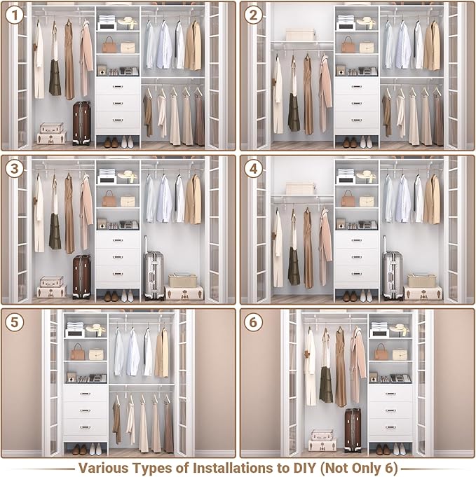 Besiost Closet System with Drawer - 8FT Wood Closet Organizer System with 3 Hanging Rods and Shelving Tower, 96" Walk In Closet Organizer Wardrobe, Heavy Duty Garment Rack Clothes Rack, White