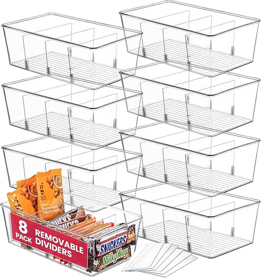 Oizeir Clear Pantry Organizer Bins 8-Pack - Fridge Organizer with 3 Removable Dividers, Ideal for Kitchen, Pantry, Refrigerator, Freezer, and Snack Storage