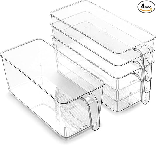 BINO l Plastic Storage Bins l THE HOLDER COLLECTION l 4-Pack, Medium Multi-Use Clear Containers for Organizing with Built-in Handles l Pantry Organization & Storage l Kitchen Organizer l Storage Bins