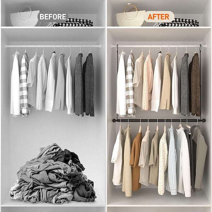 SUTINE Closet Rods for Hanging Clothes, Adjustable Closet Extender Hanging Rod, Space-Saving Closet Rod Extender Clothes Hanging Bar, Closet Poles for Hanging Clothes Organizer (Black, 31.5-47.2 IN)