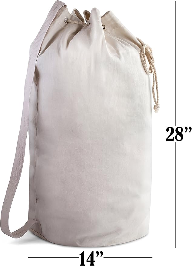 Handy Laundry Canvas Duffel Bag - Drawstring, Leather Closure, Shoulder Strap
