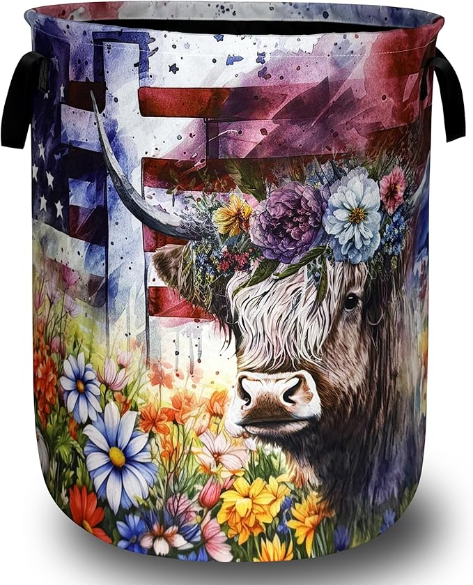Highland Cow American Cross Flowers Laundry Basket Foldable Animal Laundry Hamper With Handle Portable Oxford Cloth Clothes Storage Basket Laundry Bag 18.9"x16.5" For Laundry Room/Bedroom/Bathrooms