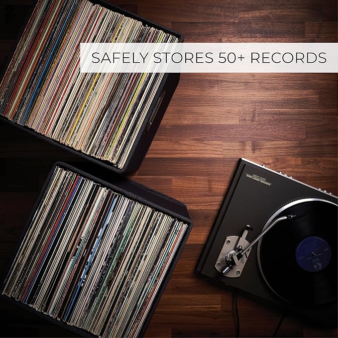 ZICOTO Decorative Vinyl Record Storage Box for 50+ Single Records - Sturdy and Easy to Carry LP Holder with Lid - The Perfect Storage Crate for Your Valuable Album Collection