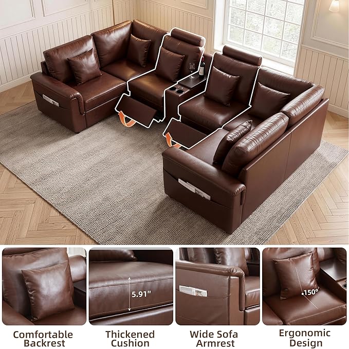 LEVNARY 6-Seat U Shaped Modular Sectional Sofa with Power Recliners, Upholstered Faux Leather Couch Storage Console with Charging Ports & Cup Holders, Living Room Couch Set for Home Office (Brown)
