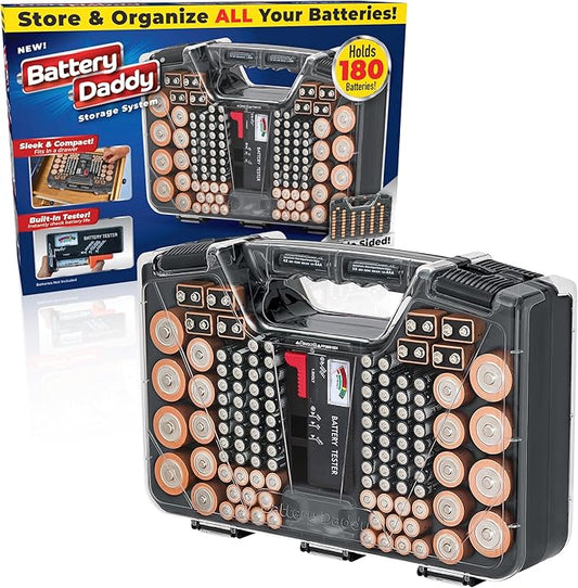 Battery Daddy Storage & Organizer Case w/Tester, Stores & Protects Up to 180 Batteries, Double-Sided, Clear Locking Lid, Secure Latches & Portable Carrying Handle - Charcoal (Batteries Not Included)