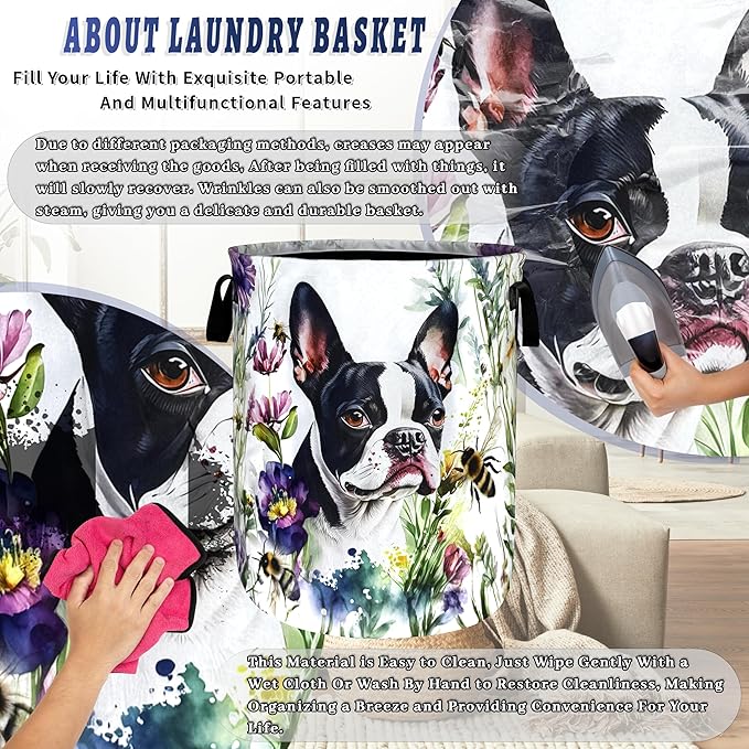 Dog Laundry Basket Foldable Pet Bees Flowers Laundry Hamper With Handle Portable Oxford Cloth Clothes Storage Basket Dogs Laundry Bag 18.9"x16.5" For Laundry Room/Bedroom/Bathrooms
