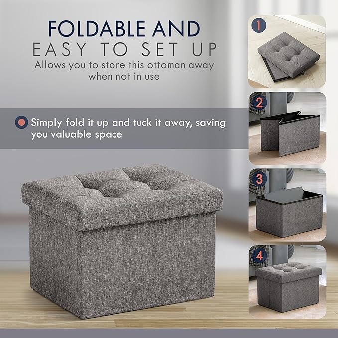 Ornavo Home Small Storage Ottoman Foldable Collapsible Rectangle Linen Ottoman Foot Rest Stool Seat, for Living Room, Bedroom, Home Office, Dorm - 12 x 16 x 12, Dark Gray
