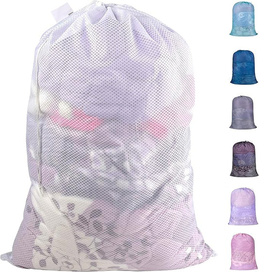 Polecasa Extra Heavy Duty Large Diamond Mesh Laundry Bags 24 x 36" with Drawstring Closure & ID Tag, Storage Bag for College, Travel, Sports, Dorms, White