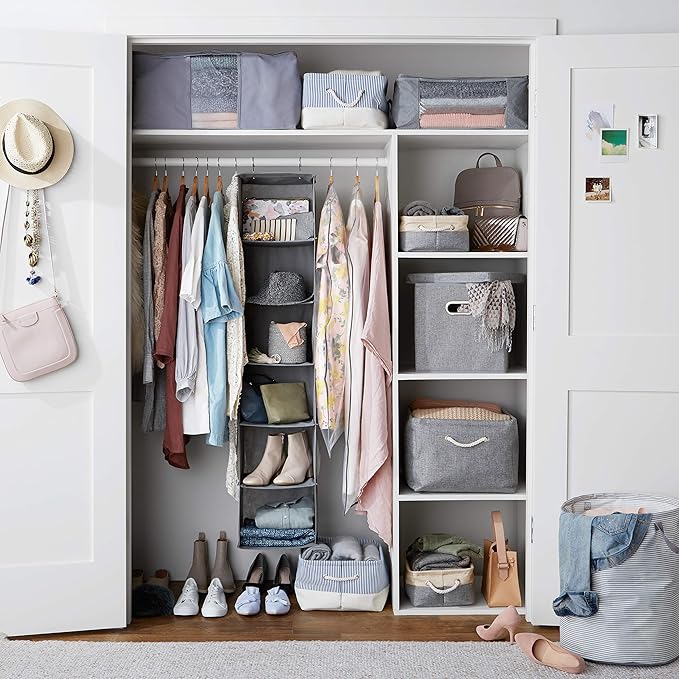 Amazon Basics 6-Tier Hanging Closet Shelf Organizer With Pockets, 8.5" D x 12" W x 9" H, Grey | Organizer, With Pockets