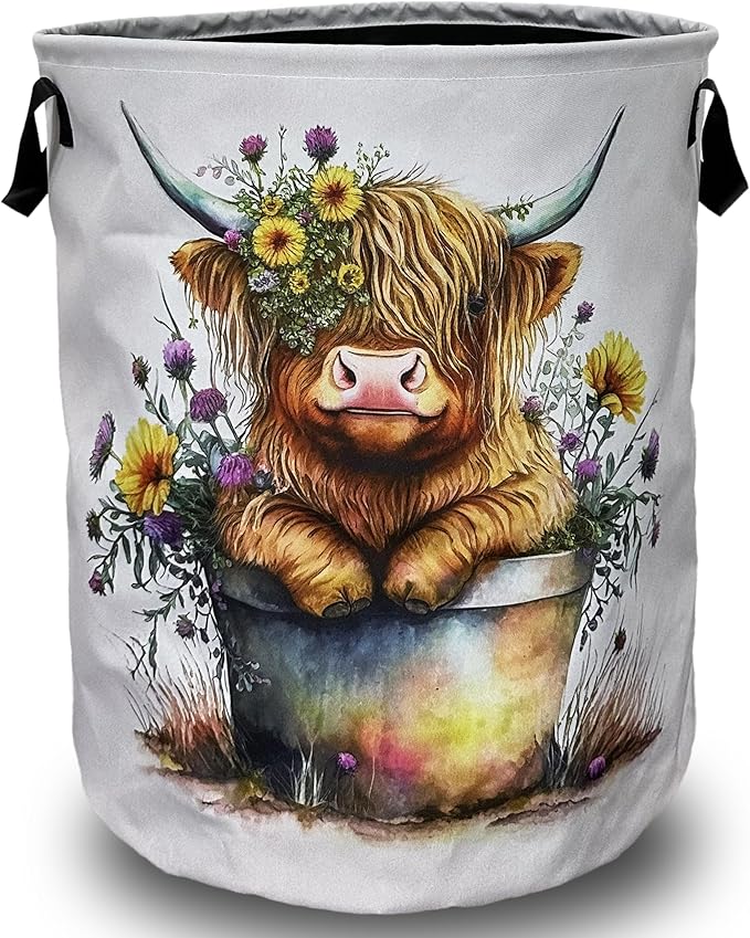 Cute Highland Cow Laundry Basket Foldable With Handles Funny Tote Bag Oxford Cloth Laundry Hamper Clothes Storage Bucket Toy Organizer 18.9" x 16.5" For Bathroom/Laundry/Bedroom