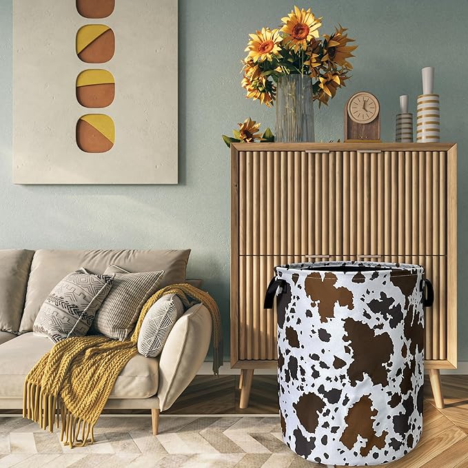Cows Skin Brown Print Laundry Basket Foldable With Handles Tote Bag Oxford Cloth Animal Funny Laundry Hamper Clothes Storage Bucket Toy Organizer 18.9" x16.5" For Bathroom/Laundry/Bedroom