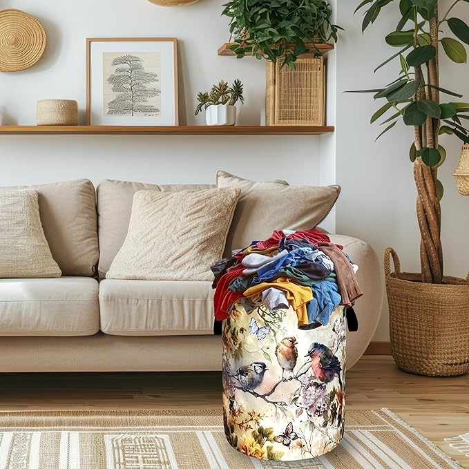 Vintage Floral Birds Laundry Basket Foldable Bird Laundry Hamper With Handle Portable Oxford Cloth Clothes Storage Basket Colorful Laundry Bag 18.9"x16.5" For Laundry Room/Bedroom/Bathrooms
